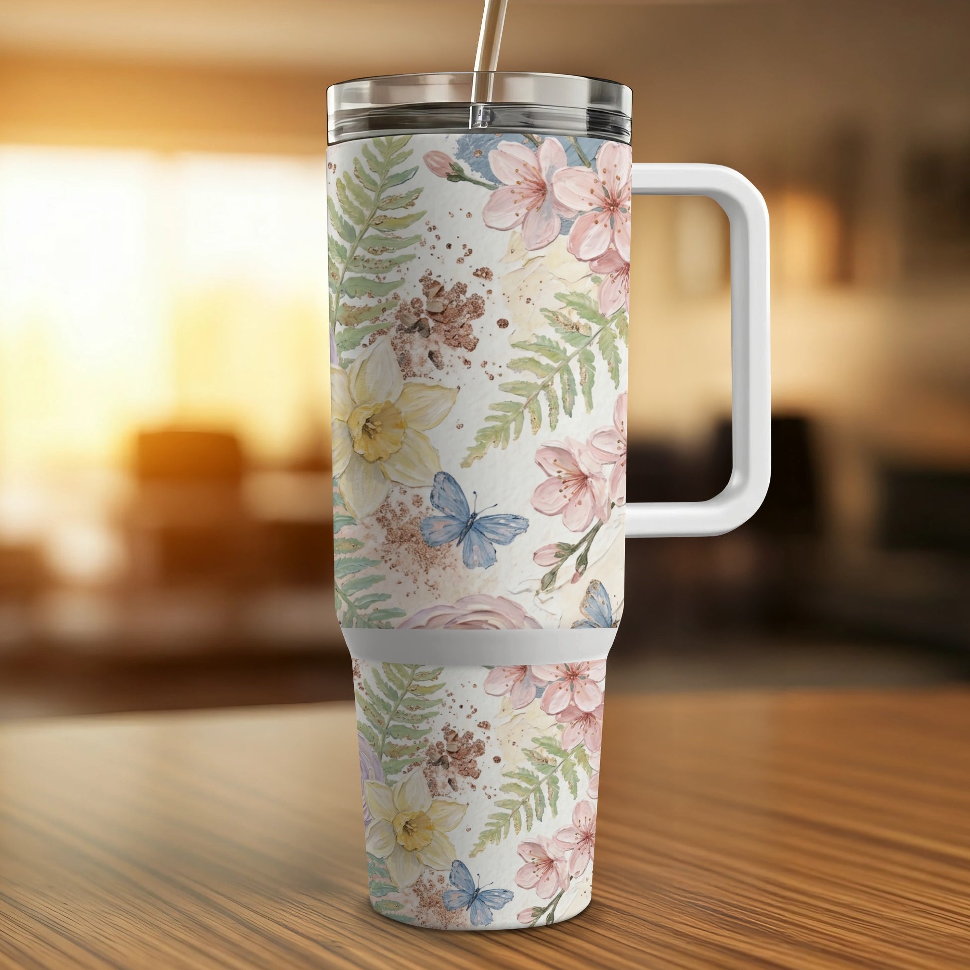 Floral and butterfly print tumbler with straw and handle.