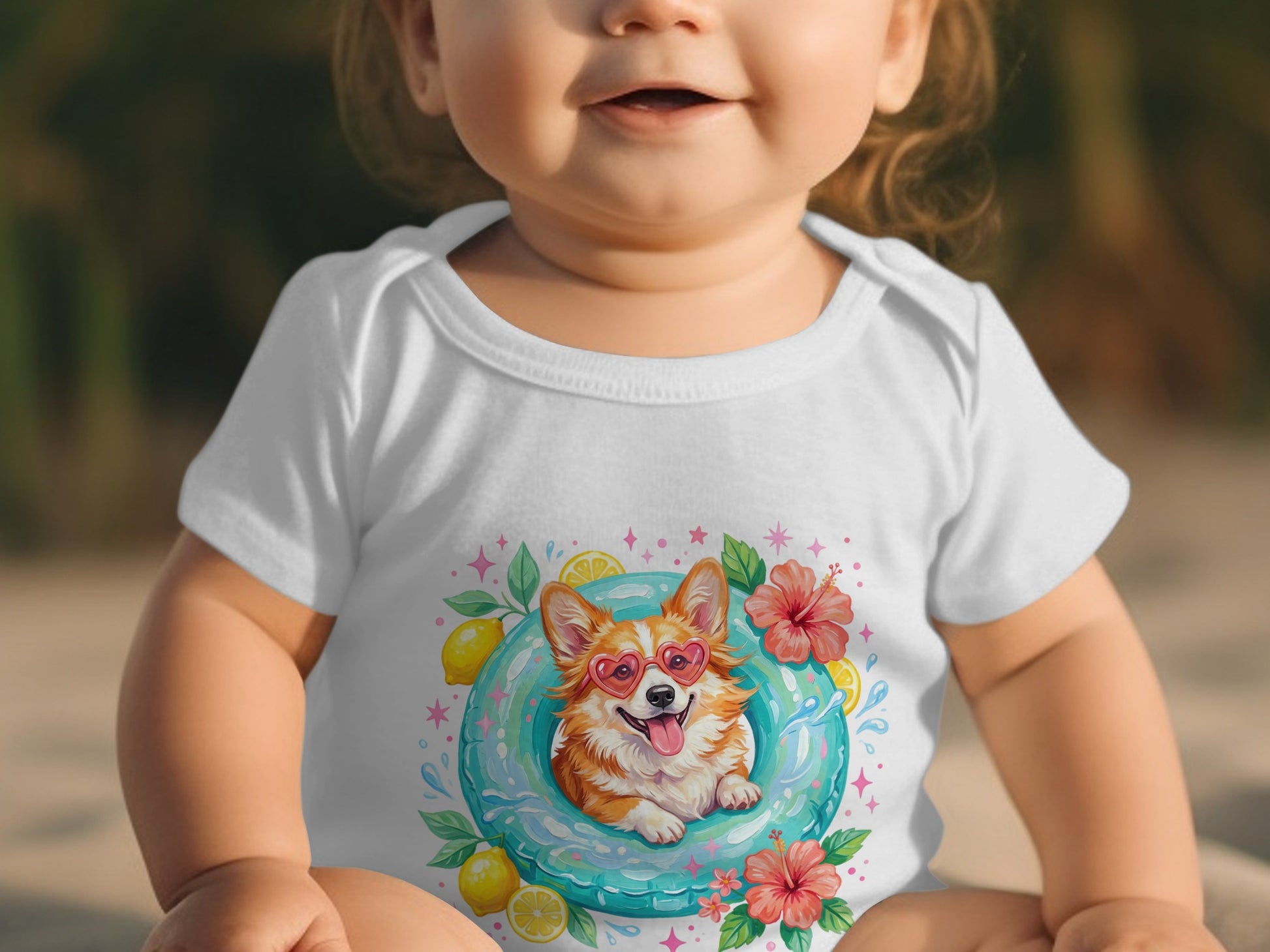 Baby wearing white onesie with corgi in heart sunglasses on inner tube graphic.