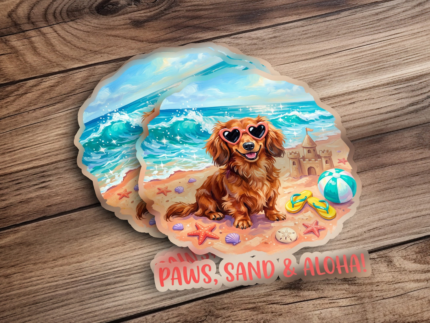Dachshund in heart sunglasses on a sandy beach with a castle, "Paws, Sand & Aloha!"