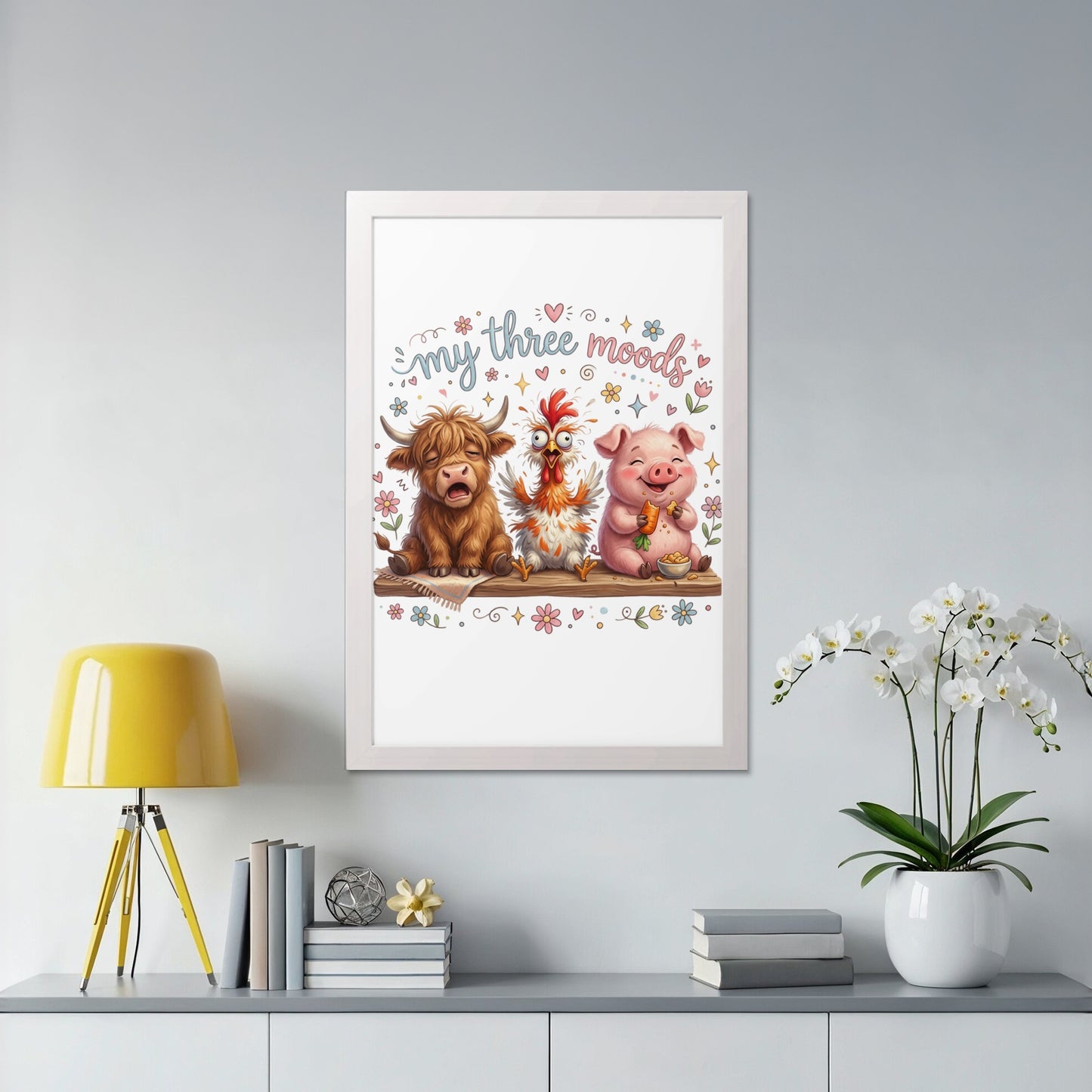 Three cartoon farm animals, cow, chicken, and pig, with text "my three moods."