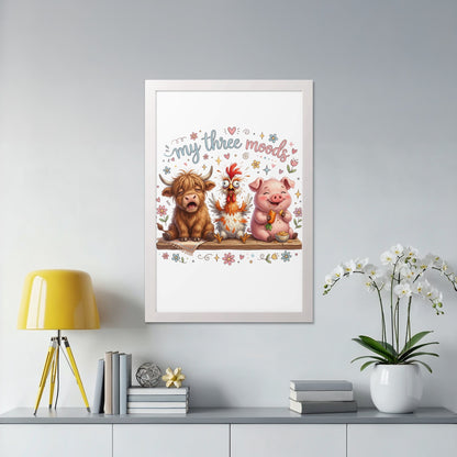 Three cartoon farm animals, cow, chicken, and pig, with text "my three moods."