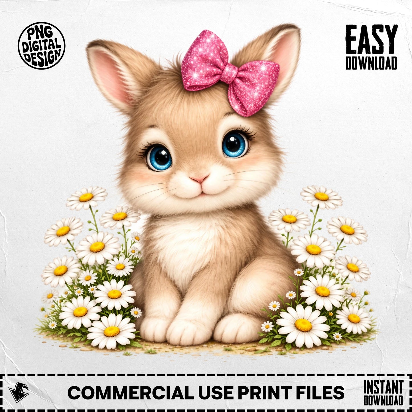 Cute cartoon bunny with pink bow sits in a field of daisies.