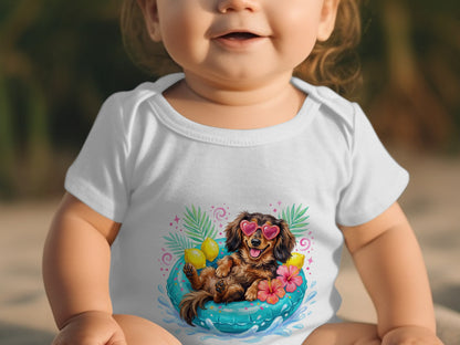 Baby wearing white bodysuit with dachshund on inner tube graphic.