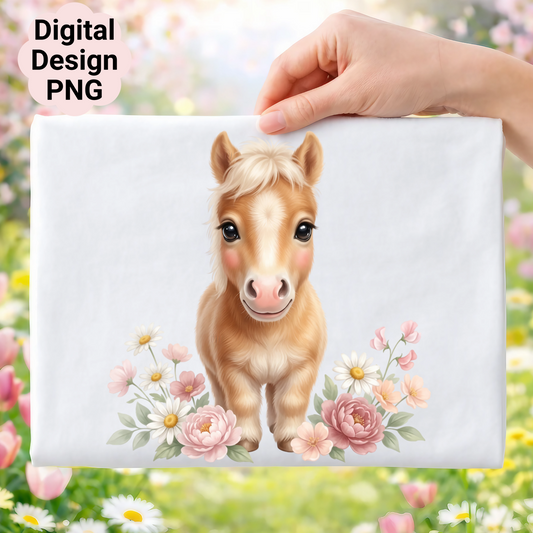 Cute cartoon pony with flowers on white background.