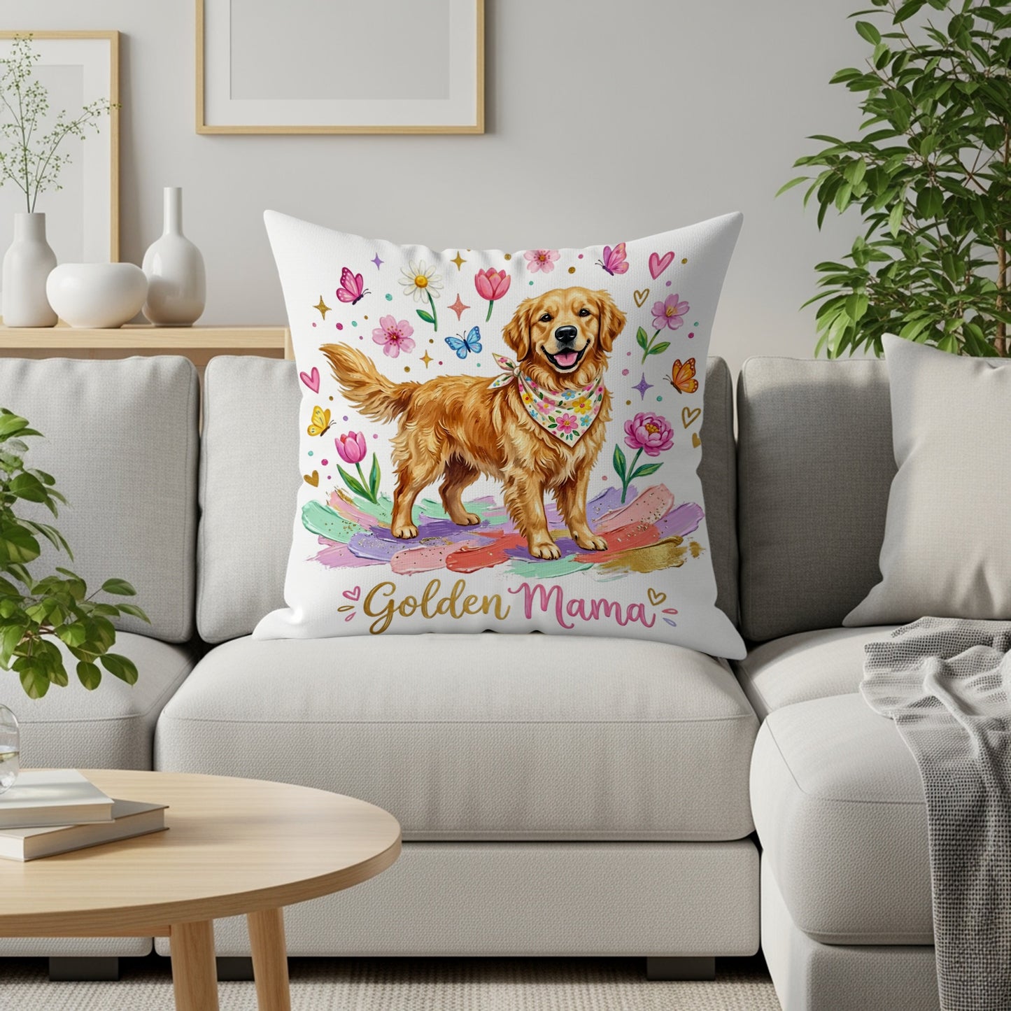 Golden Retriever on a couch with "Golden Mama" text and floral accents.