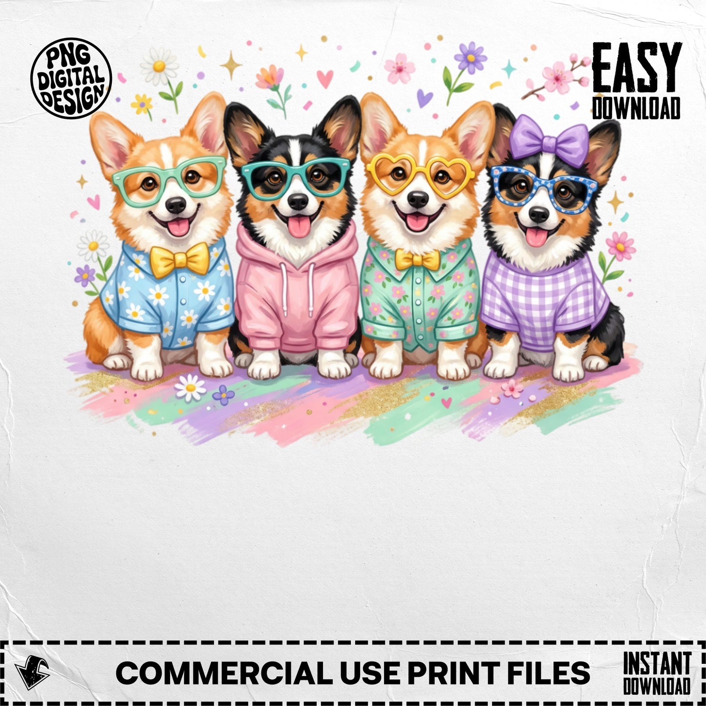Four corgis wearing glasses and outfits, smiling on a colorful background.