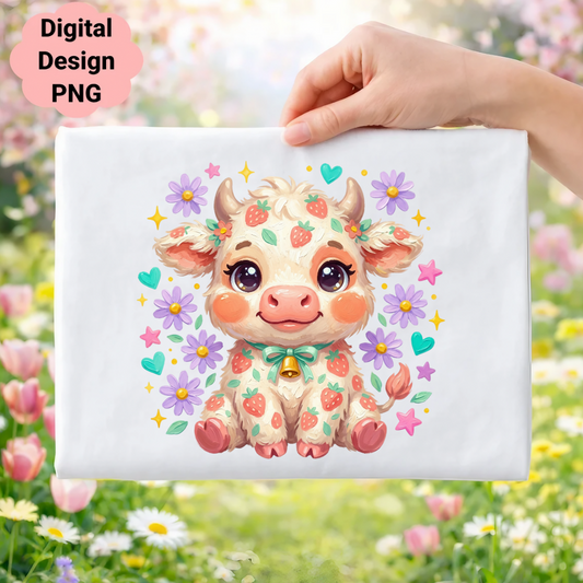 Kawaii strawberry cow with flowers and butterflies on white background.