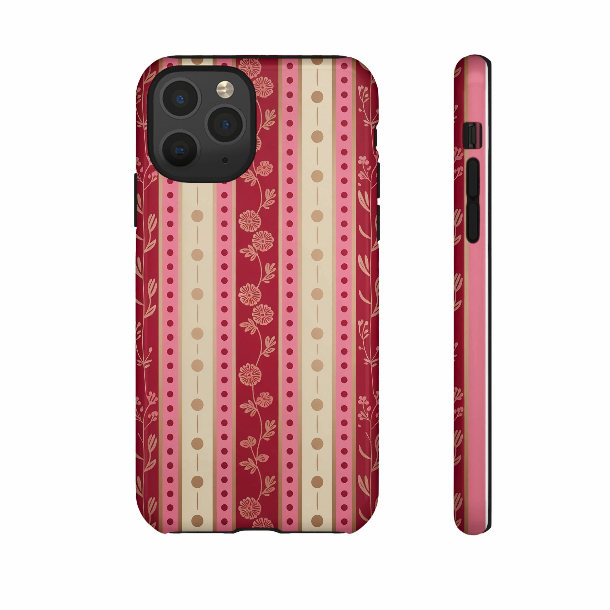 Pink and beige floral striped phone case with raised camera lens cutout.
