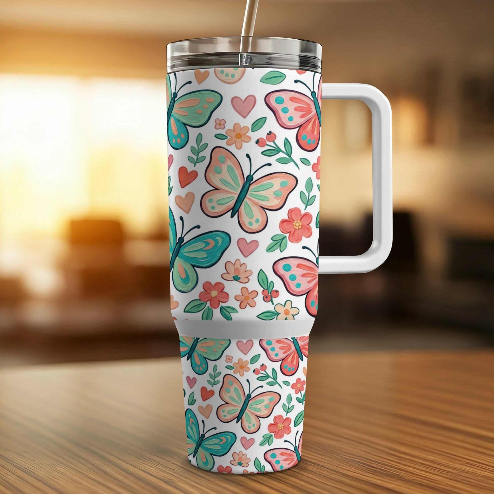 Tumbler with butterflies and flowers pattern, white handle.