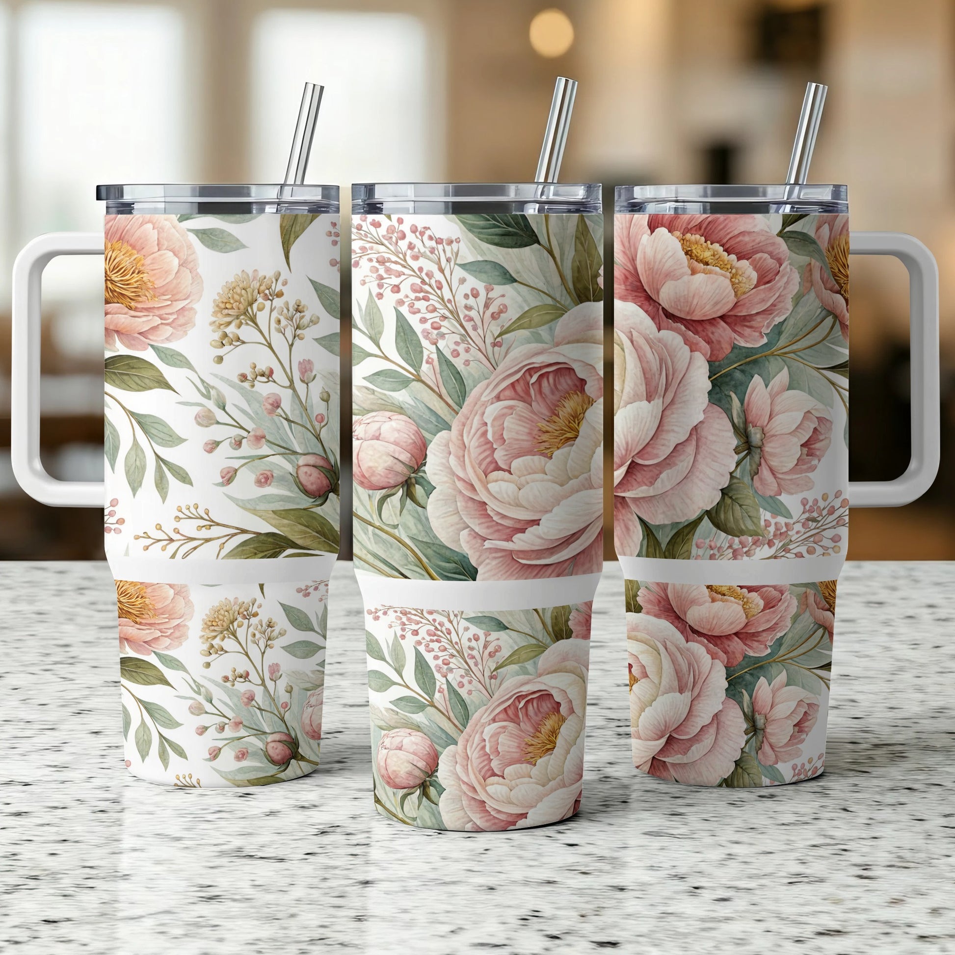 Three tumblers with a floral pattern of pink peonies and greenery.
