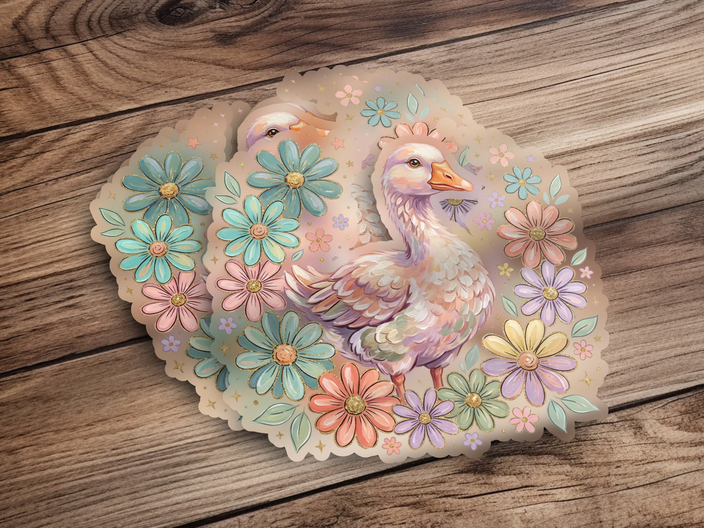 Illustration of a goose surrounded by pastel flowers on a wooden background.