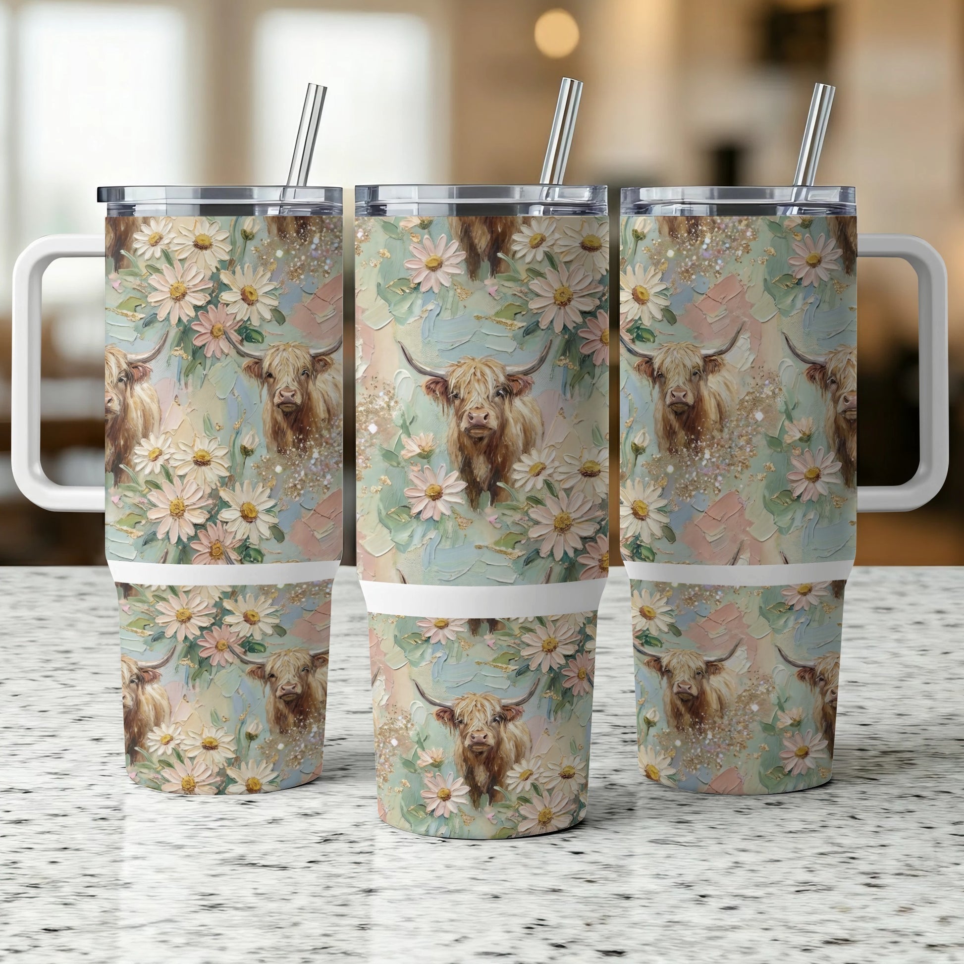 Three Highland cows surrounded by flowers on tumblers with handles.
