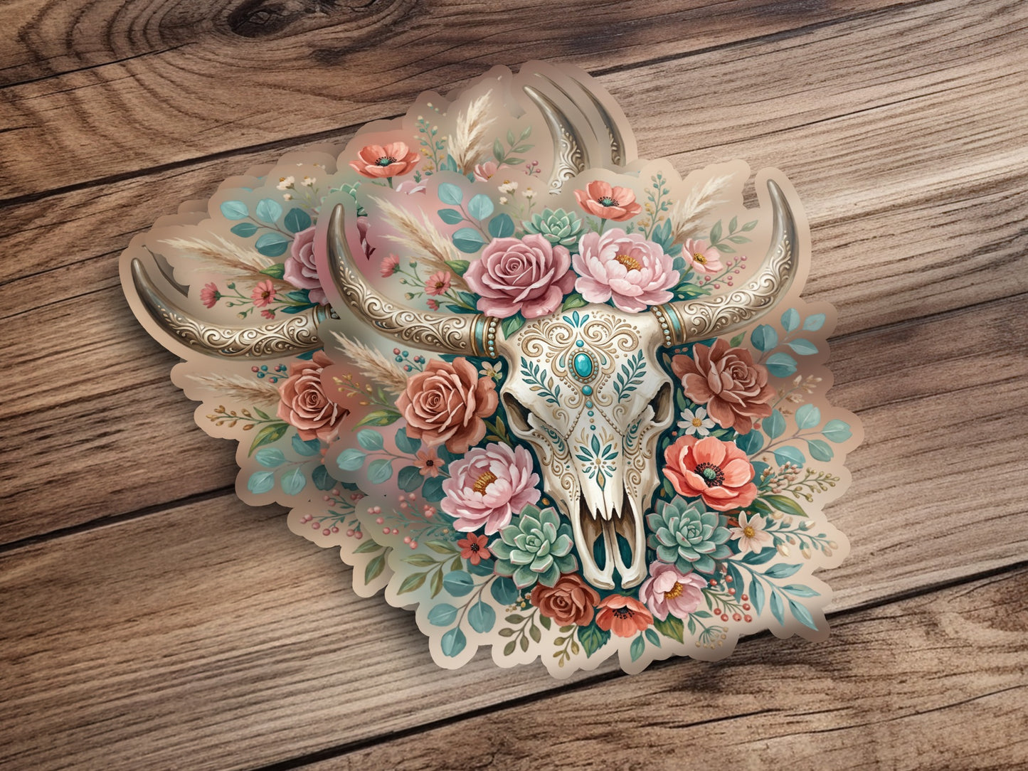 Skull with floral arrangement and turquoise details on wooden background.