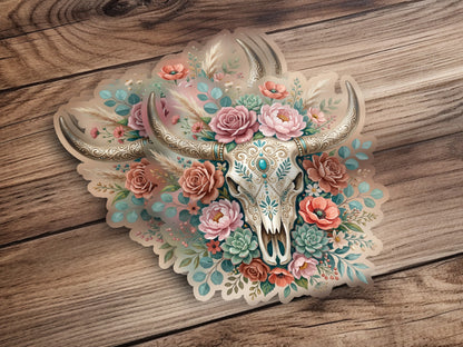 Skull with floral arrangement and turquoise details on wooden background.