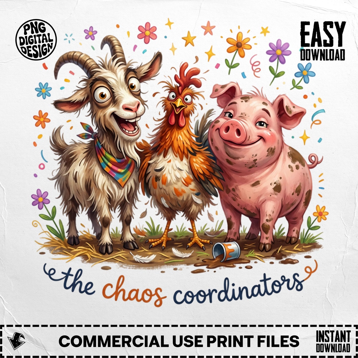 Goat, rooster, and pig characters with "the chaos coordinators" text.