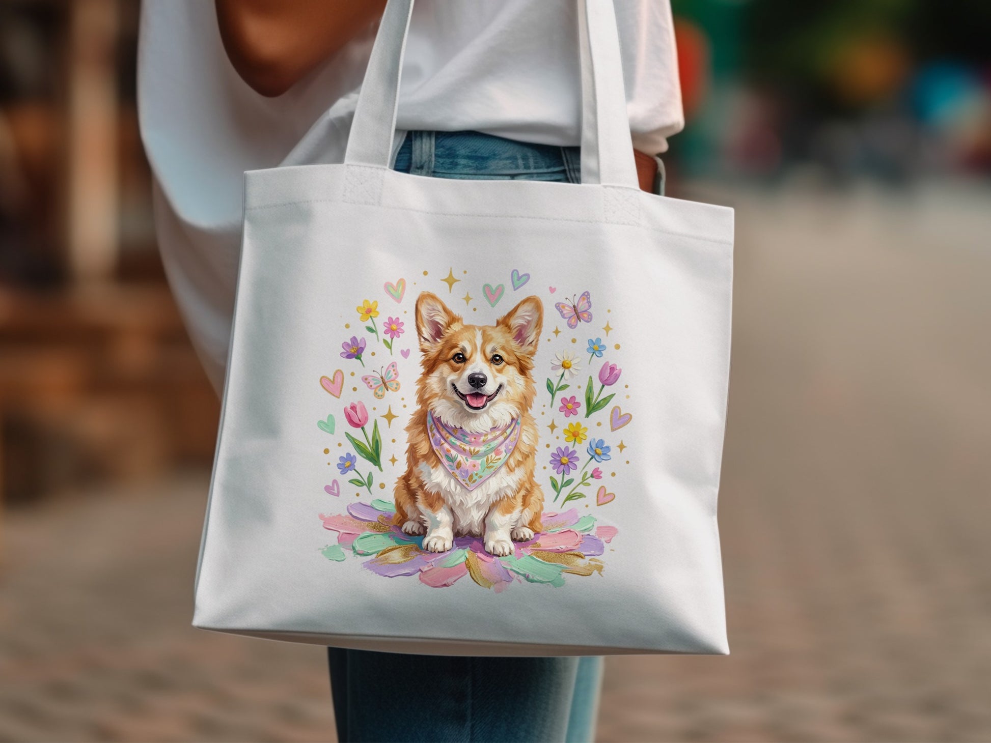 White tote bag with a corgi and floral design.