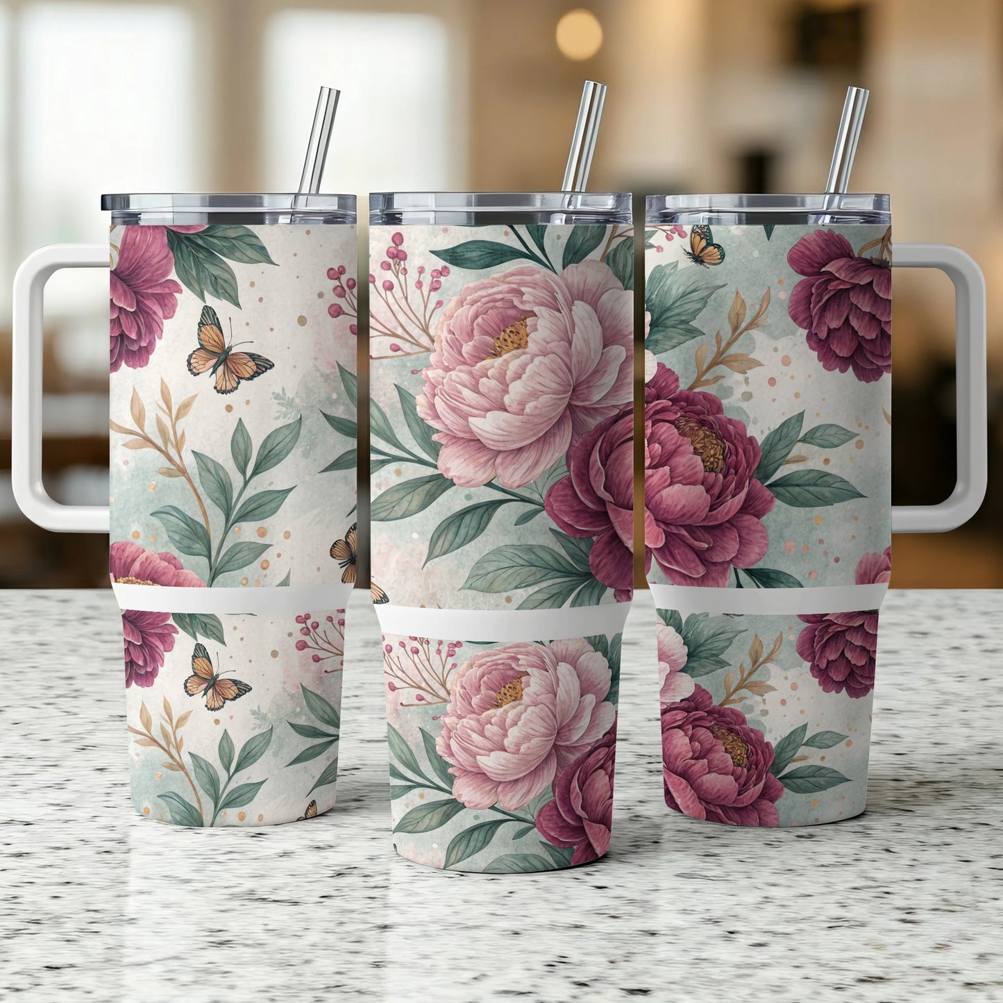 Floral tumbler with pink peonies, butterflies, and a handle.