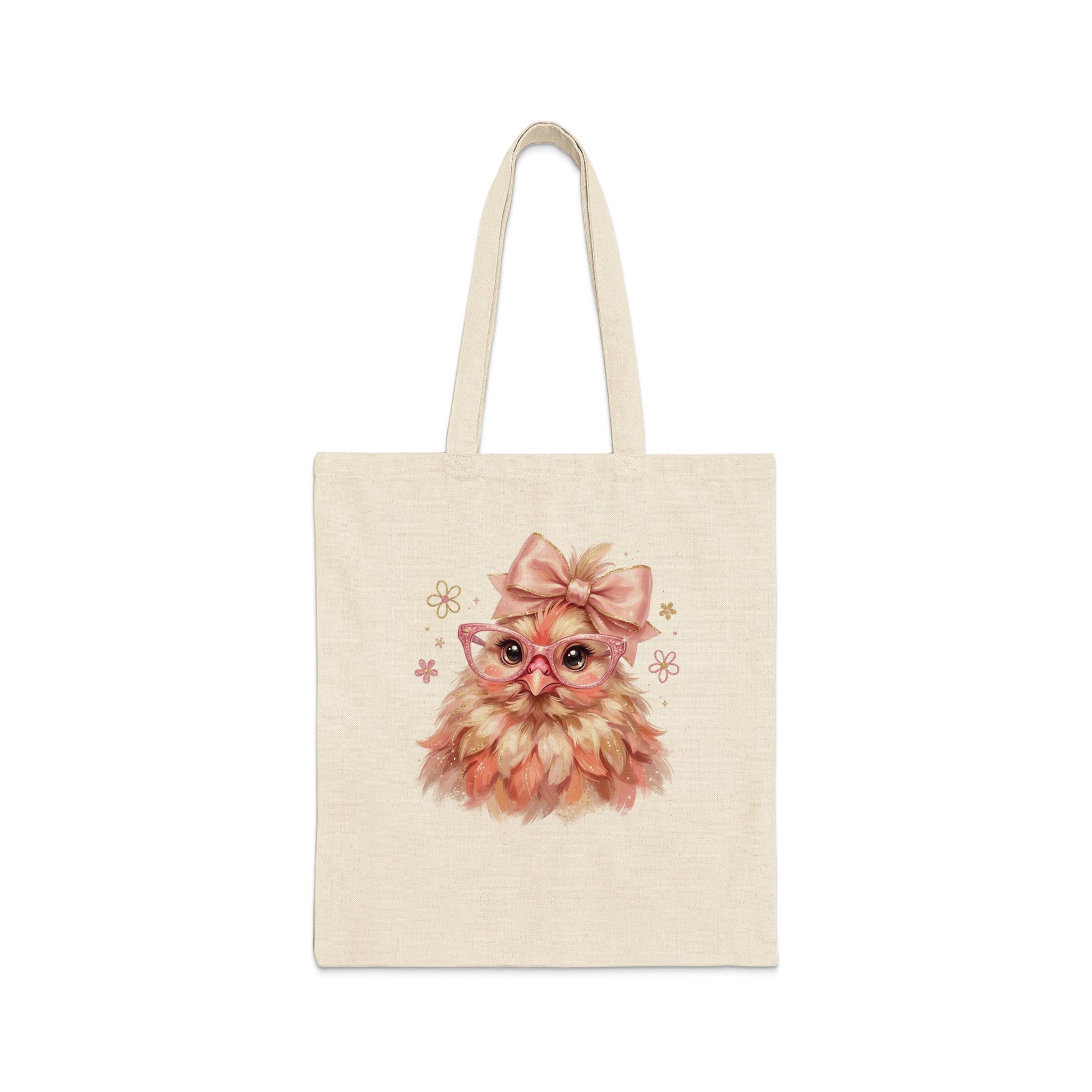 Cream tote bag with a cute watercolor illustration of a fluffy bird wearing pink glasses and a bow.
