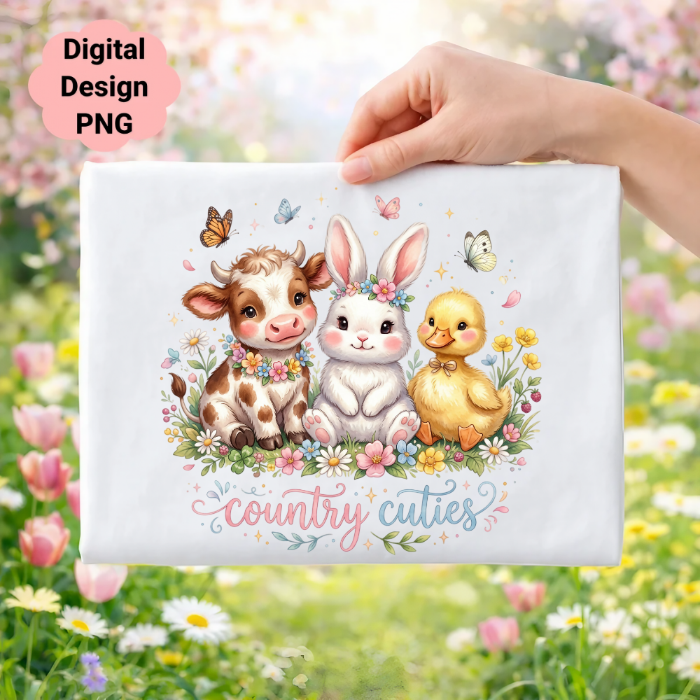 Cute cow, bunny, and duckling with butterflies and "country cuties" text.