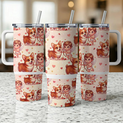 Three insulated tumblers with corgi and cupid designs, featuring pink hearts and confetti.
