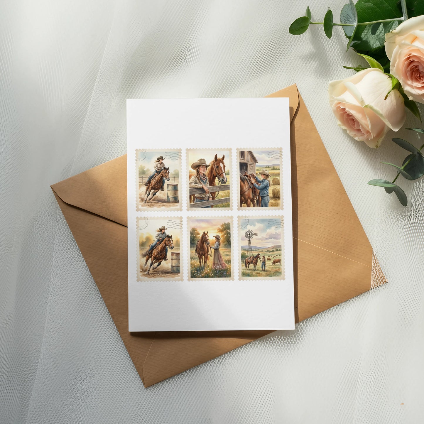 Six postage stamps featuring cowboys and horses in rural scenes.