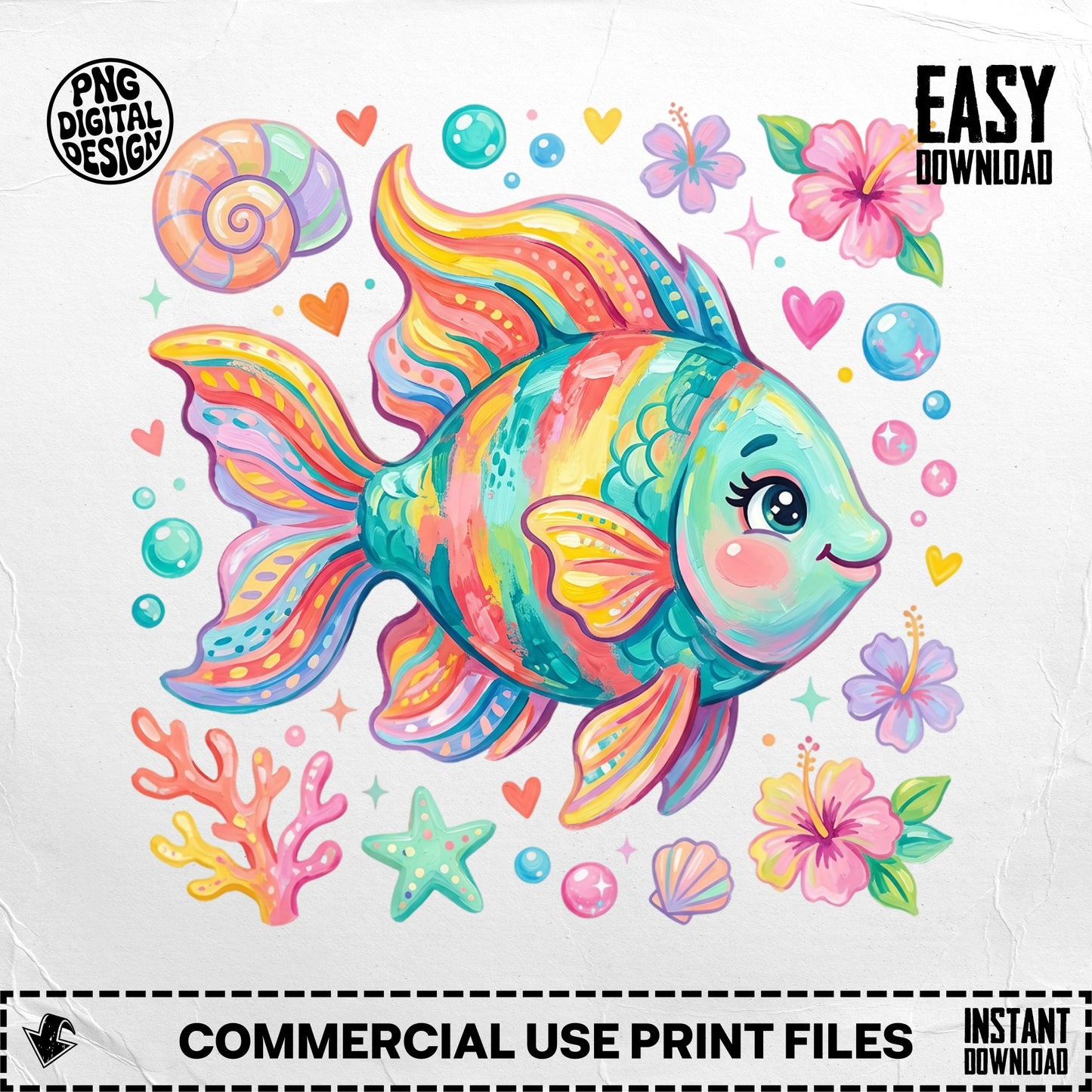 Colorful cartoon fish with coral and flowers, "EASY DOWNLOAD" text.