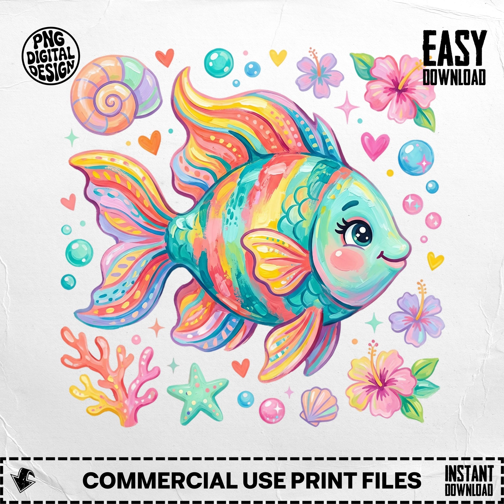 Colorful cartoon fish with coral and flowers, "EASY DOWNLOAD" text.