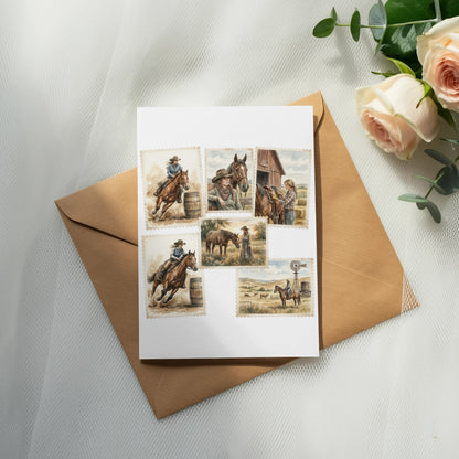 Stamp collection featuring watercolor scenes of cowboys, horses, and barns.
