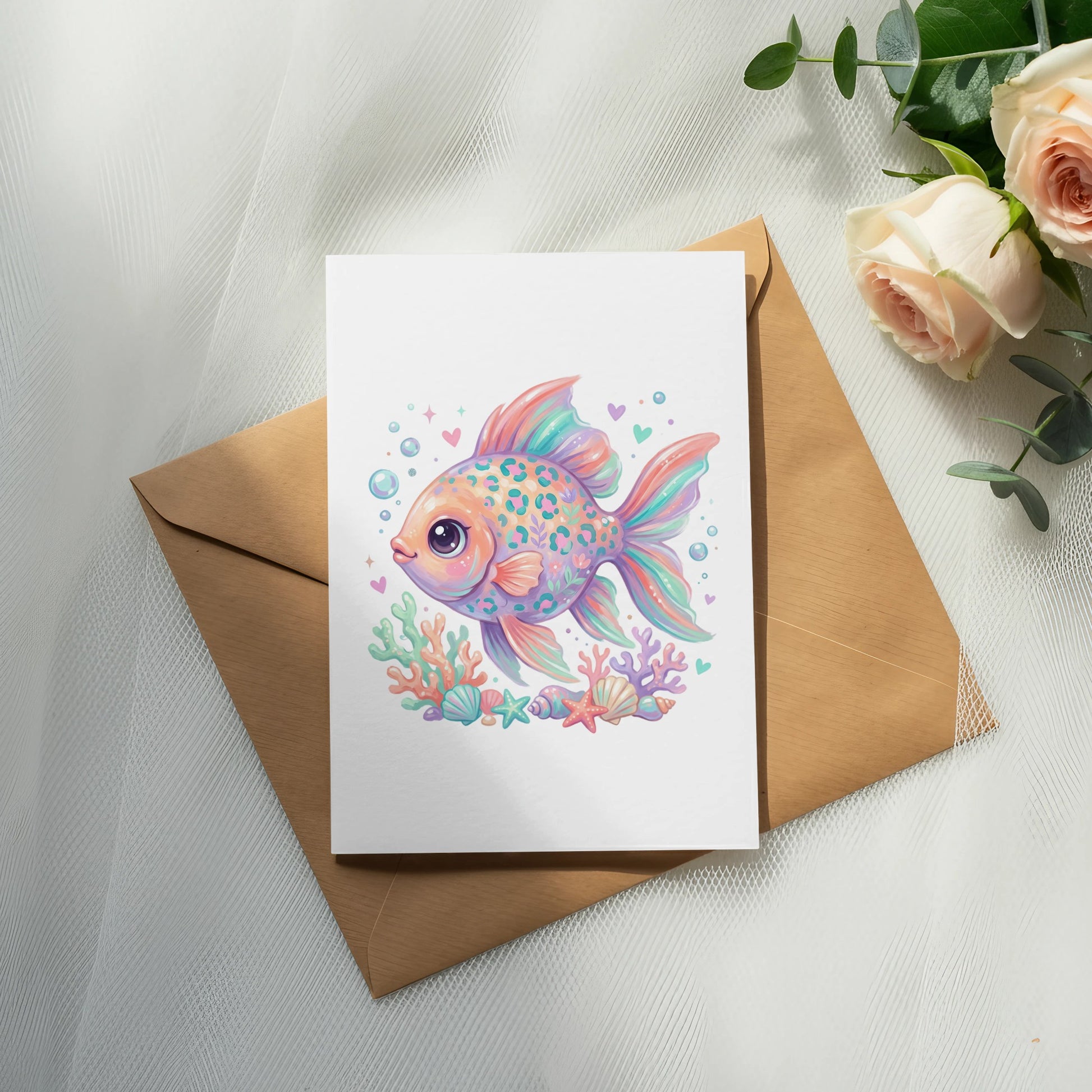 Whimsical cartoon goldfish with colorful scales and fins on a greeting card.