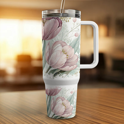White travel tumbler with pink tulips and greenery design.