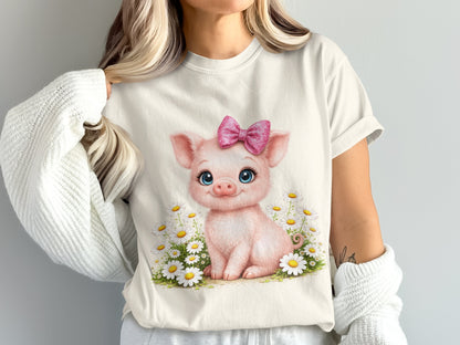 Cute cartoon pig with a pink bow and blue eyes among daisies.