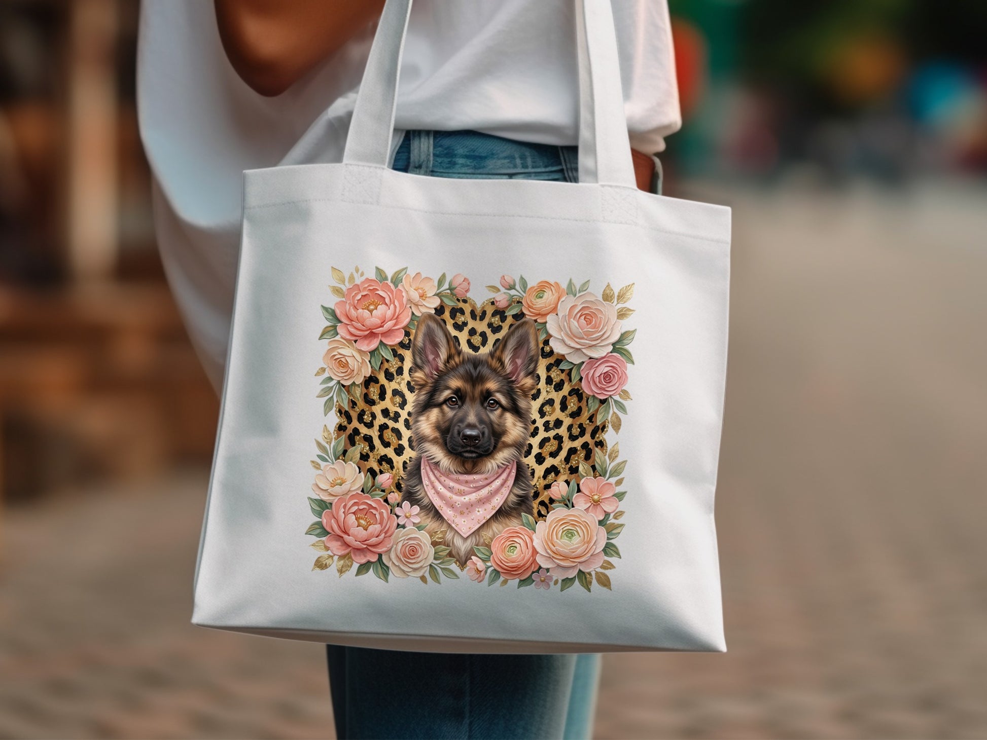 Tote bag with a German Shepherd face design surrounded by floral elements.