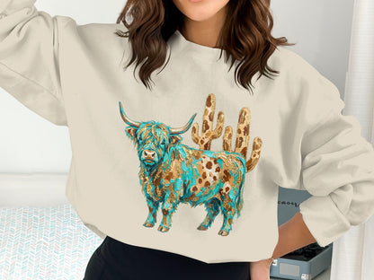 Cream sweatshirt with a golden-brown Highland cow and cactus graphic.