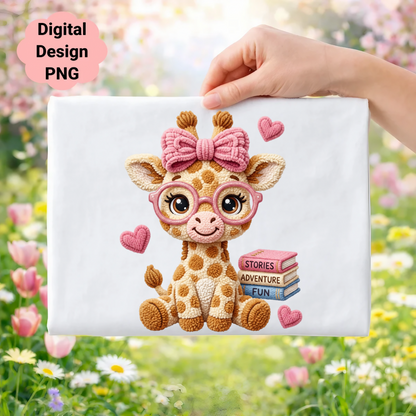 Cute cartoon giraffe with glasses and pink bow, holding books.