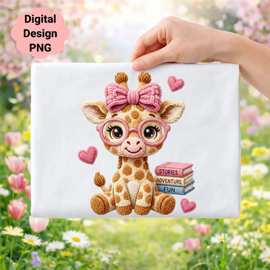 Cute cartoon giraffe with glasses and pink bow, holding books.