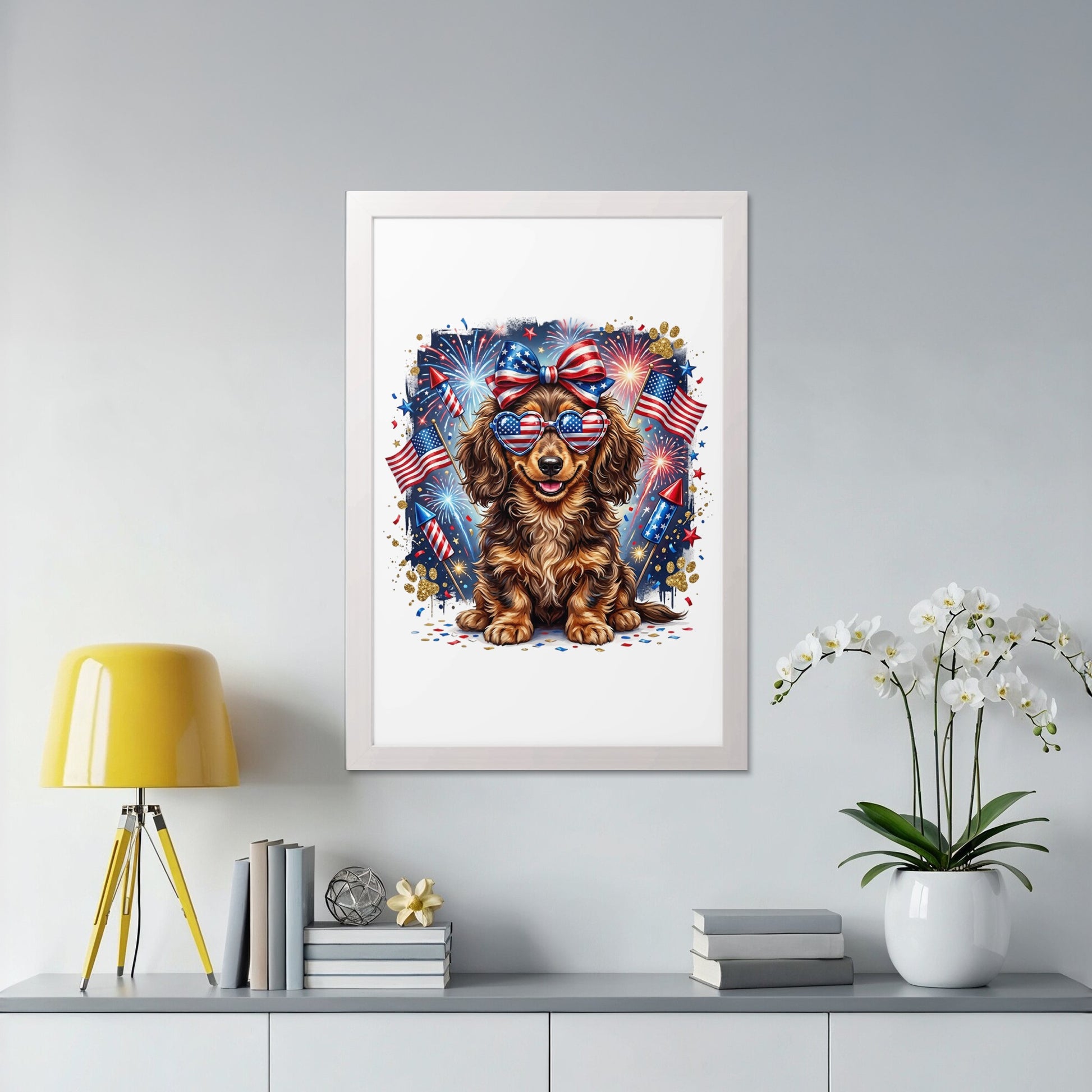 Dachshund wearing sunglasses with American flags and fireworks.
