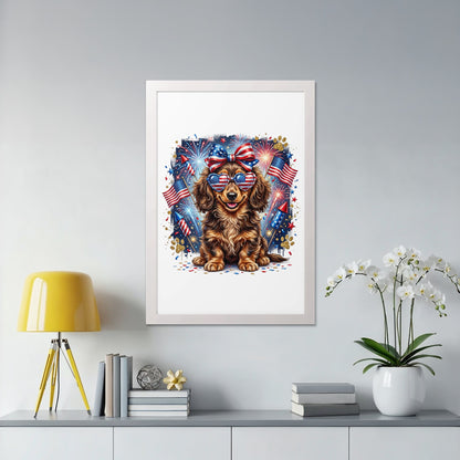 Dachshund wearing sunglasses with American flags and fireworks.