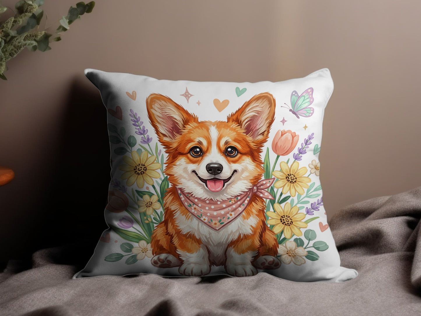 Smiling corgi wearing bandana surrounded by flowers and a butterfly.