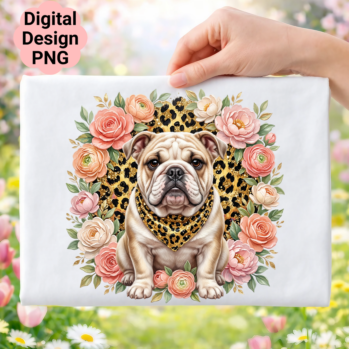 Bulldog with leopard print bandana surrounded by floral wreath.