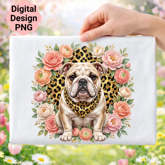Bulldog with leopard print bandana surrounded by floral wreath.