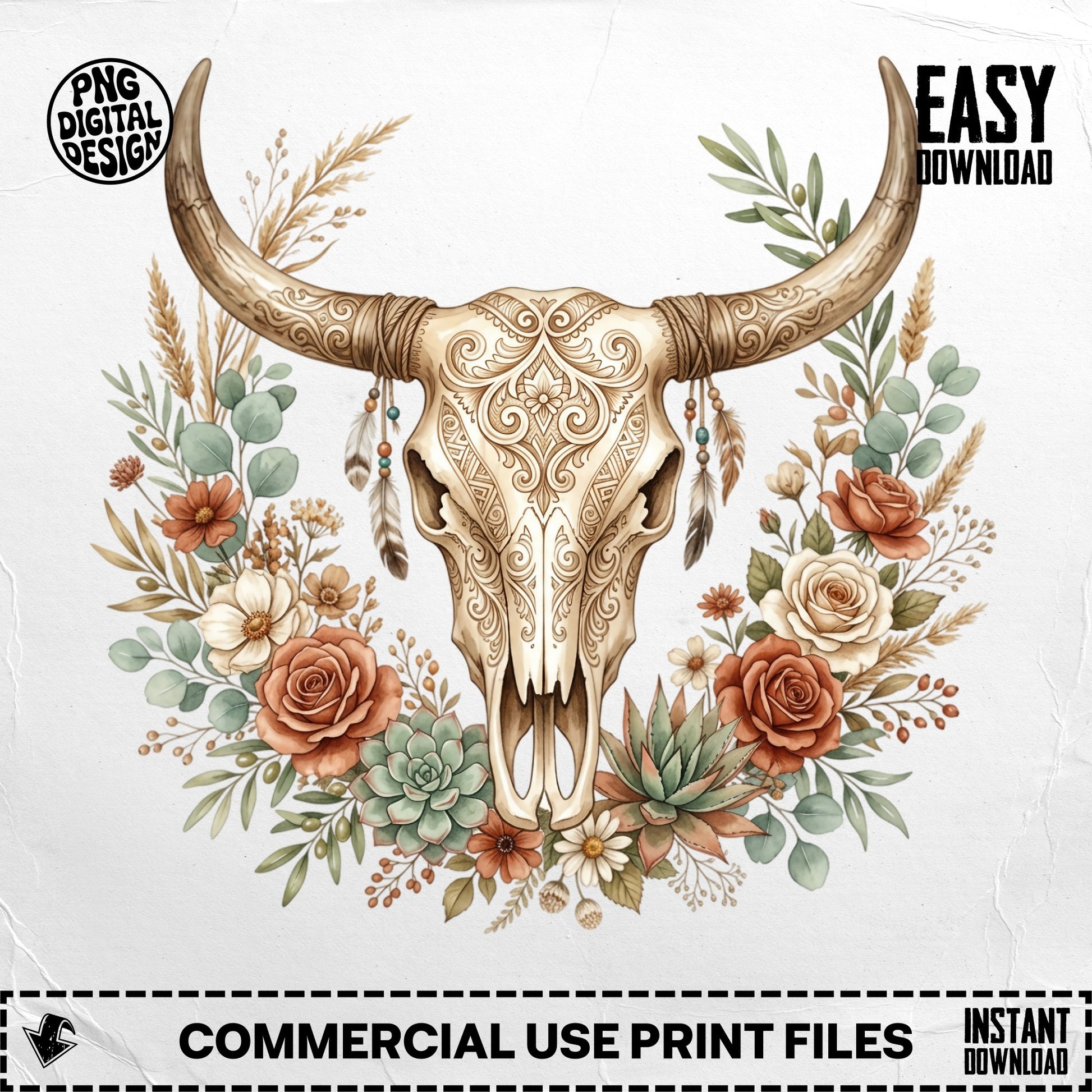 Bohemian bull skull with floral wreath and feathers.