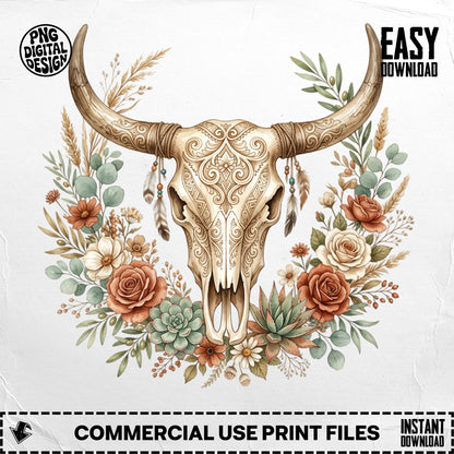 Bohemian bull skull with floral wreath and feathers.