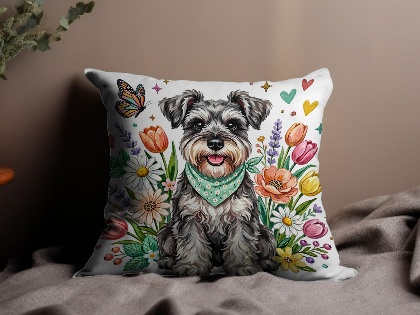 Schnauzer wearing bandana surrounded by colorful flowers and butterflies.