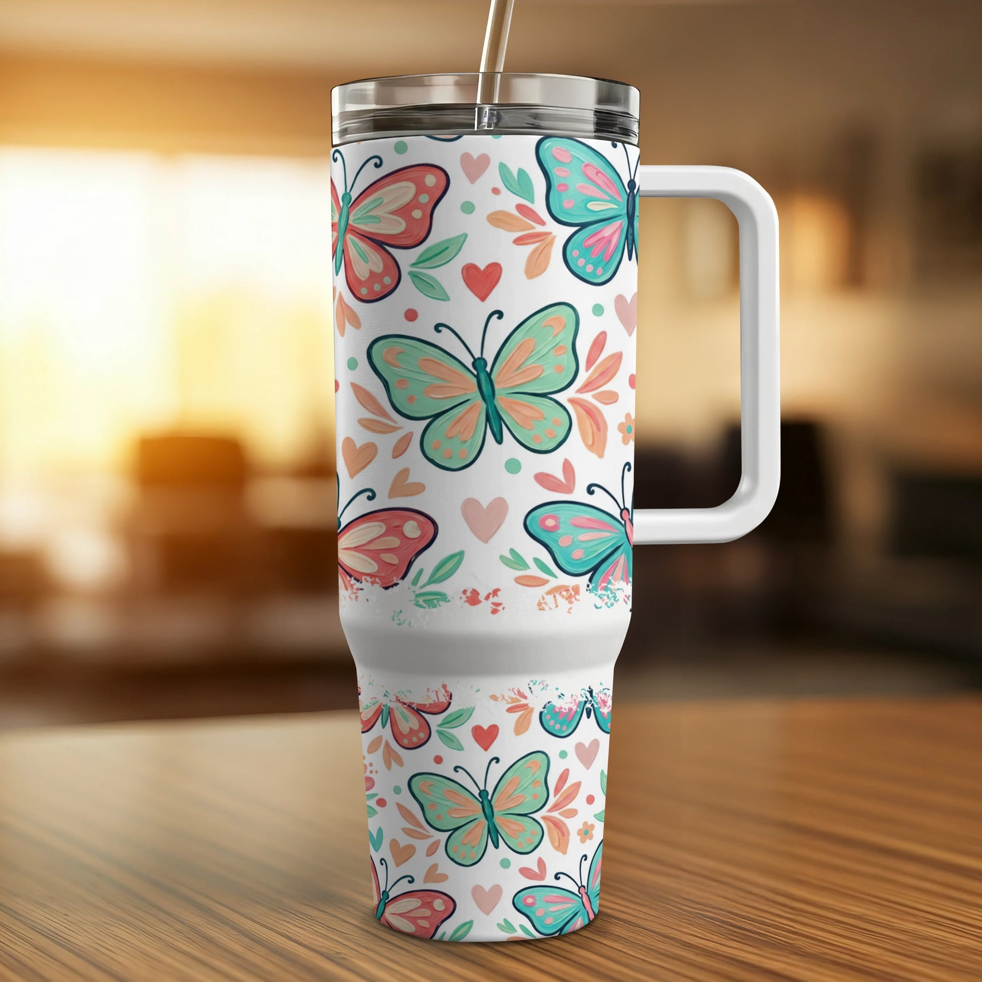 White insulated tumbler with colorful butterfly pattern and handle.