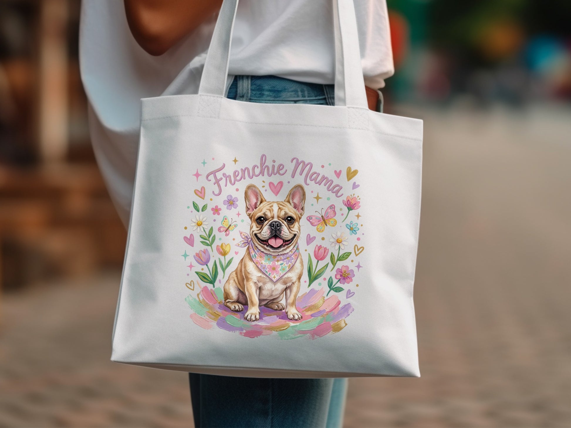 White canvas tote bag with Frenchie Mama design and colorful floral accents.
