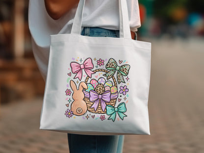 Easter basket with bunny, eggs, and colorful bows, printed on white tote bag.