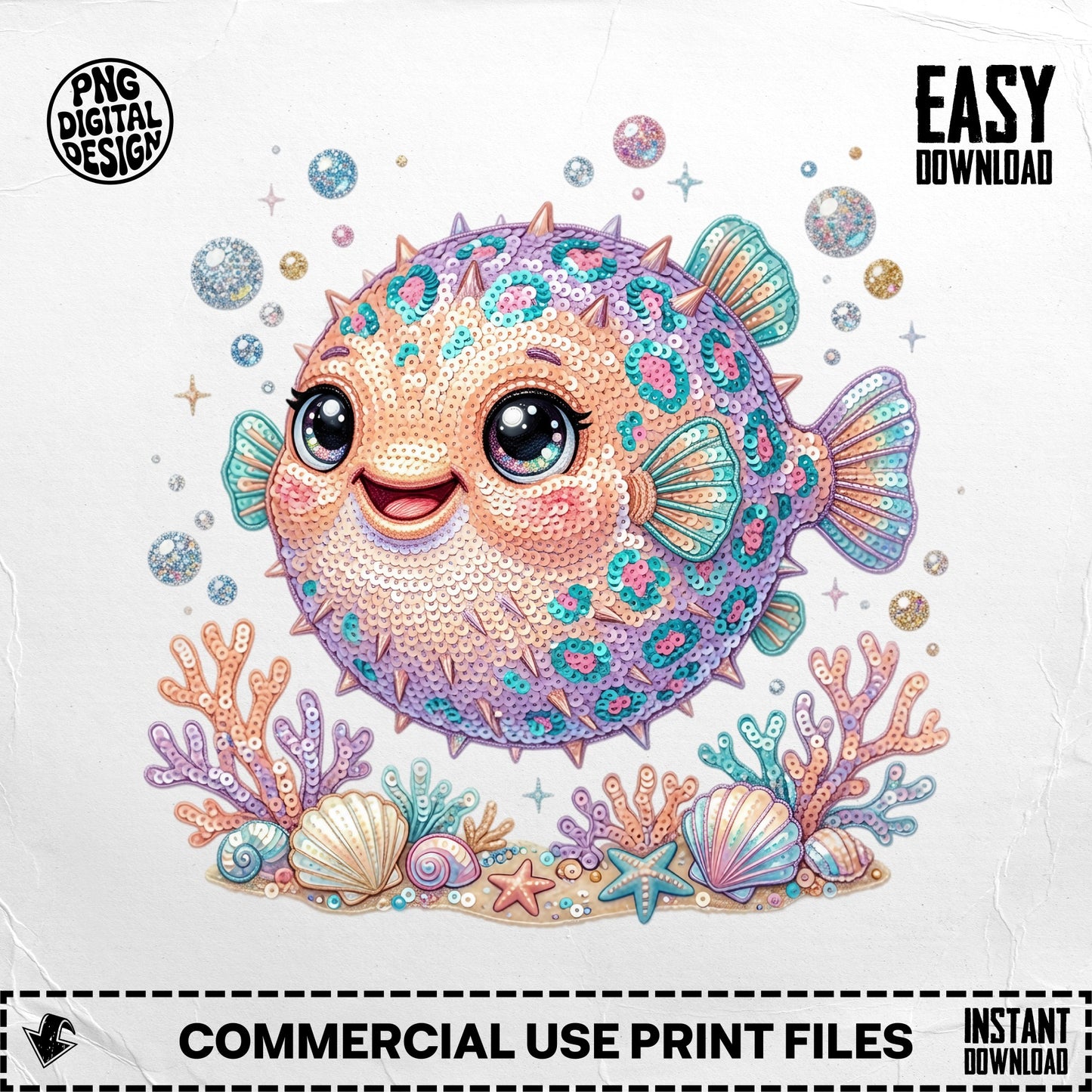 Cute cartoon pufferfish with sequins, surrounded by seashells and coral.
