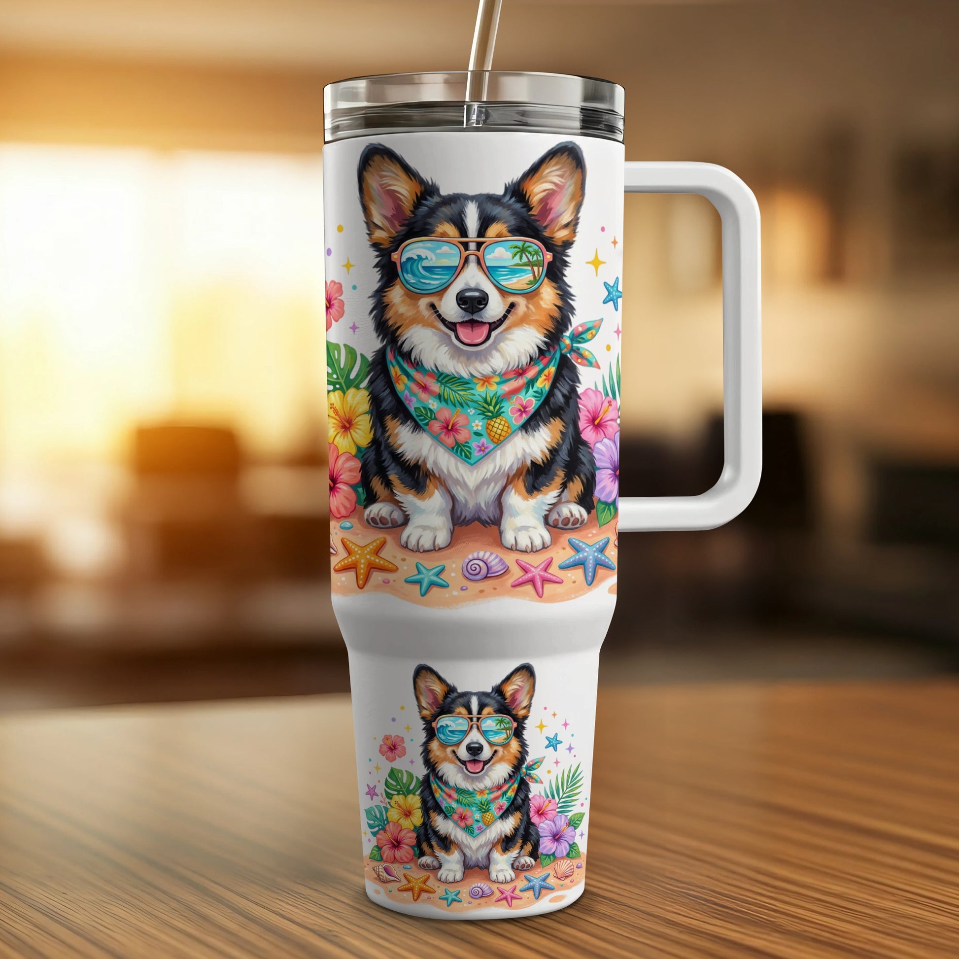 Corgi in sunglasses and bandana on a beach, printed on a travel mug.