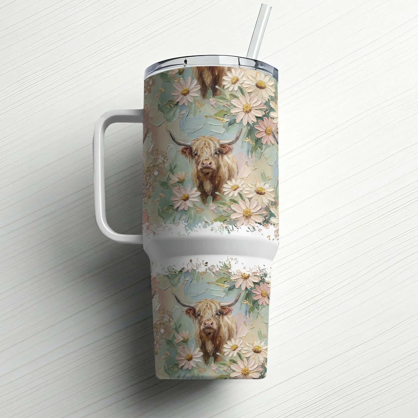 Highland cow and floral pattern on a large travel tumbler with straw.