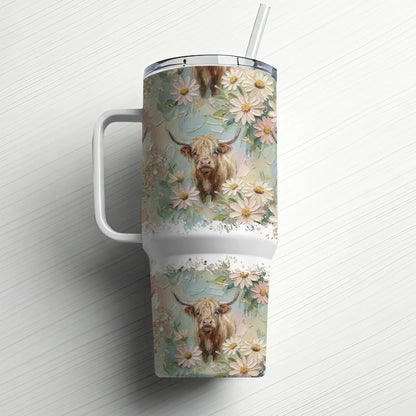 Highland cow and floral pattern on a large travel tumbler with straw.